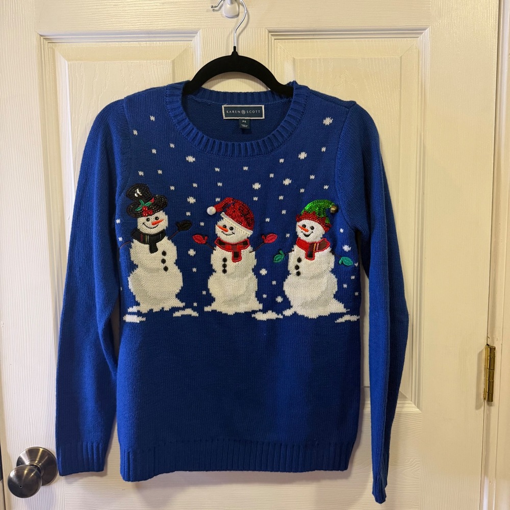 Karen Scott Womens Petite Small Blue Snowman Sequin Holiday Christmas Sweater PS
